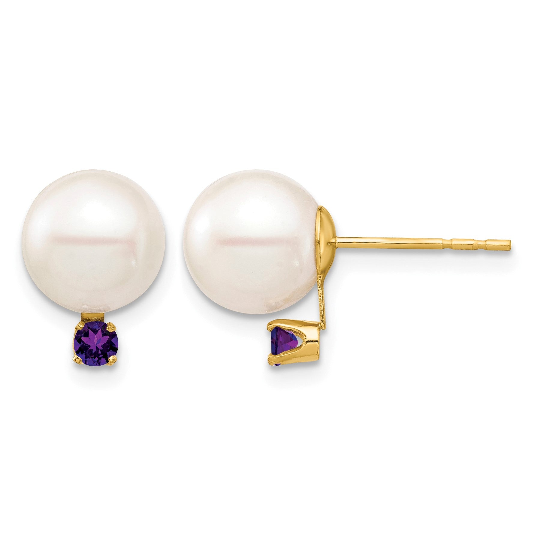 14k 8-8.5mm White Round Freshwater Cultured Pearl and .14AM Amethyst Post Earrings