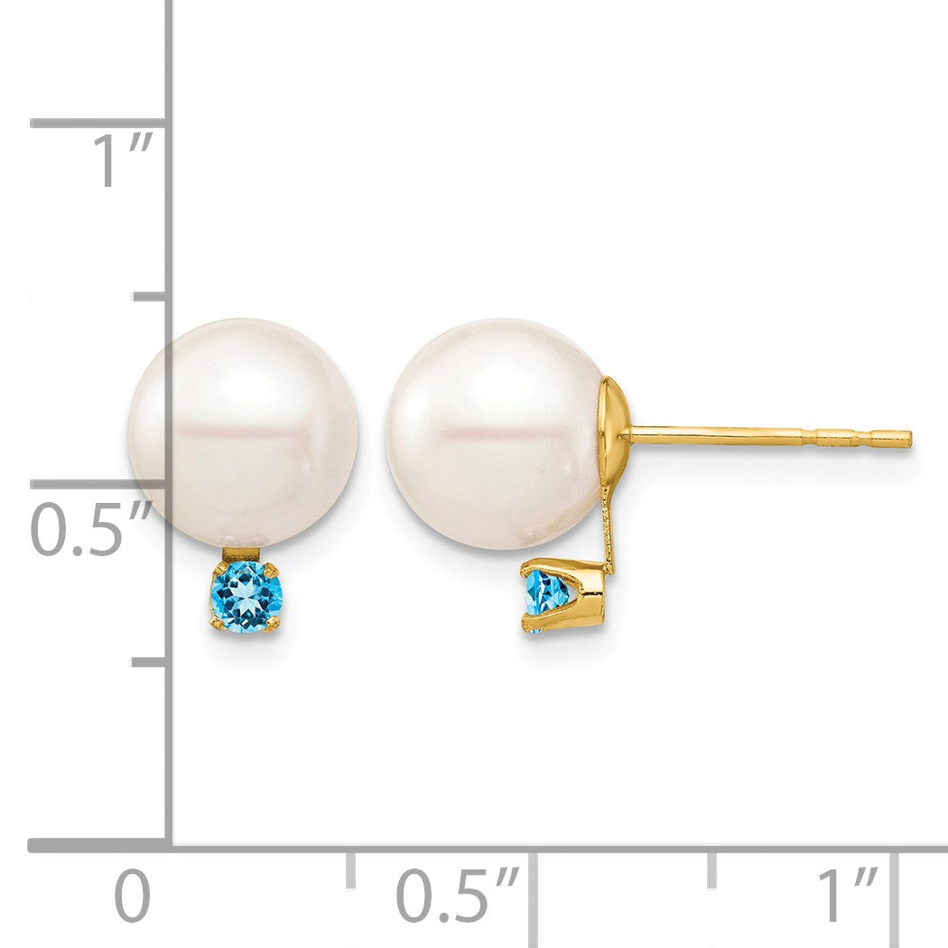 14k 8-8.5mm White Round Freshwater Cultured Pearl and .18BT Swiss Blue Topaz Post Earrings
