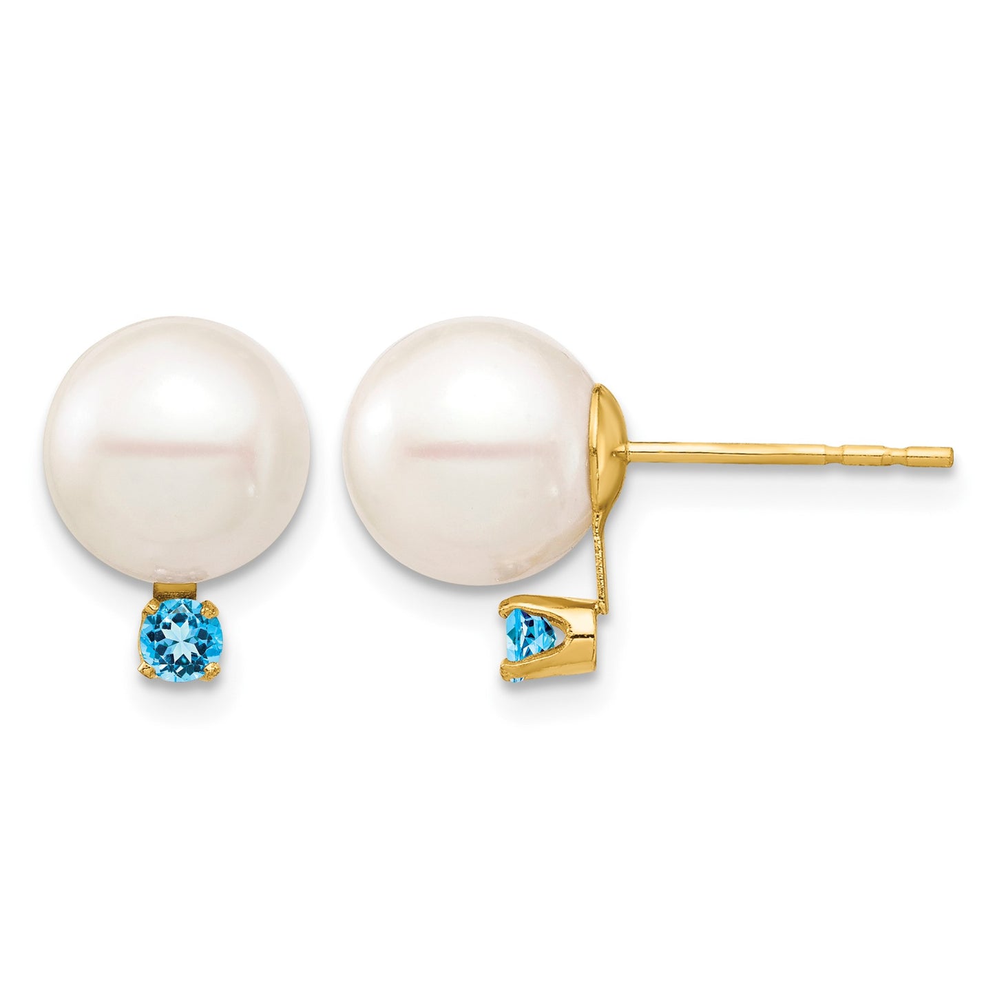 14k 8-8.5mm White Round Freshwater Cultured Pearl and .18BT Swiss Blue Topaz Post Earrings