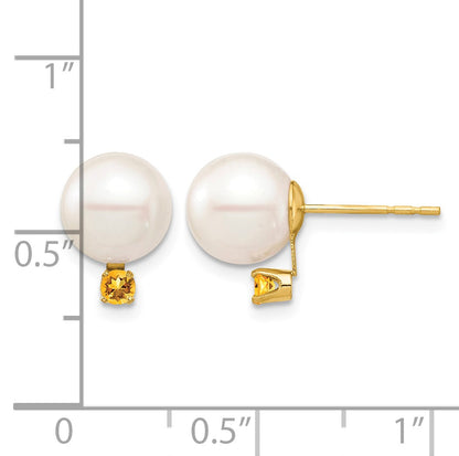 14k 8-8.5mm White Round Freshwater Cultured Pearl and .14CI Citrine Post Earrings