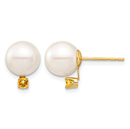 14k 8-8.5mm White Round Freshwater Cultured Pearl and .14CI Citrine Post Earrings