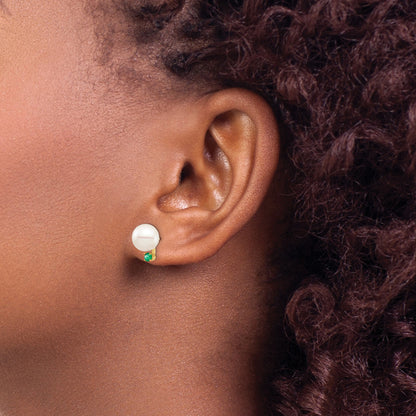 14k 8-8.5mm White Round Freshwater Cultured Pearl and .18EM Emerald Post Earrings