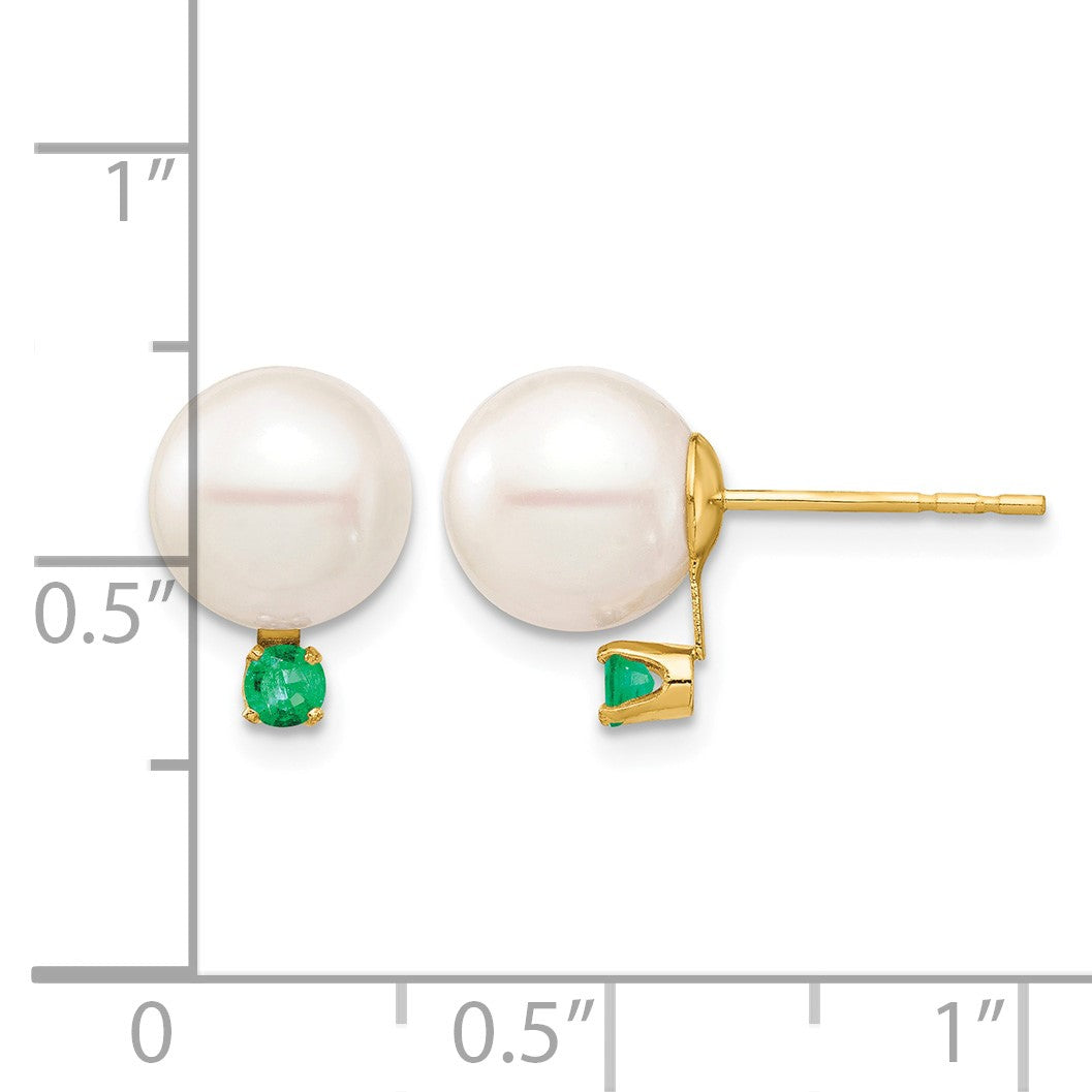 14k 8-8.5mm White Round Freshwater Cultured Pearl and .18EM Emerald Post Earrings