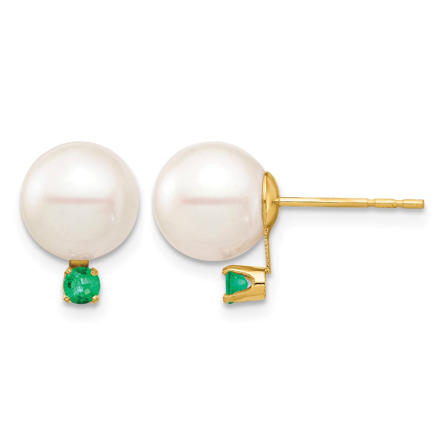 14k 8-8.5mm White Round Freshwater Cultured Pearl and .18EM Emerald Post Earrings