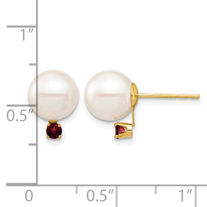 14k 8-8.5mm White Round Freshwater Cultured Pearl and .18GA Garnet Post Earrings