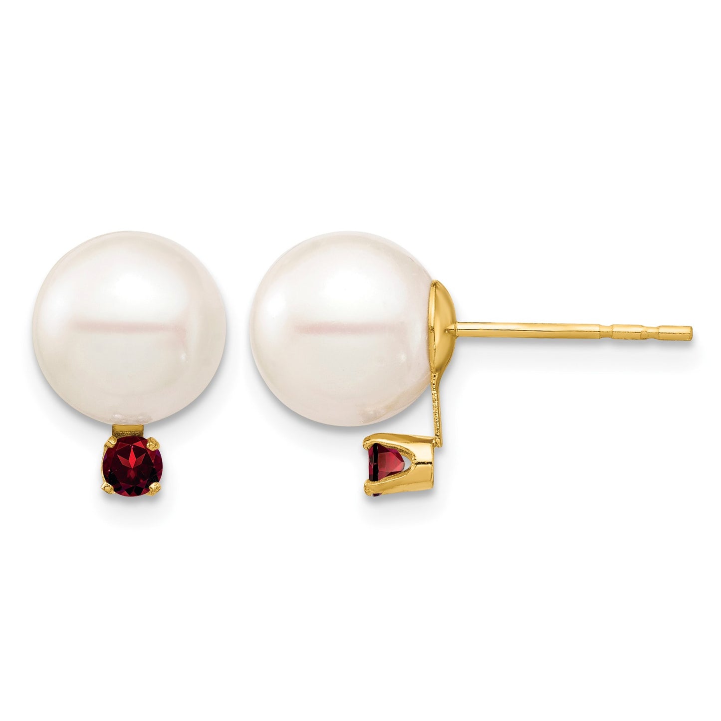 14k 8-8.5mm White Round Freshwater Cultured Pearl and .18GA Garnet Post Earrings