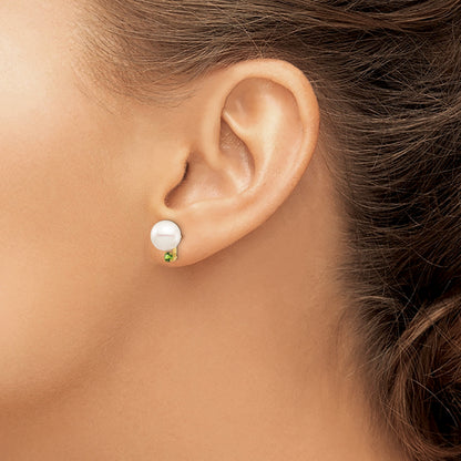 14k 8-8.5mm White Round Freshwater Cultured Pearl and .14PE Peridot Post Earrings
