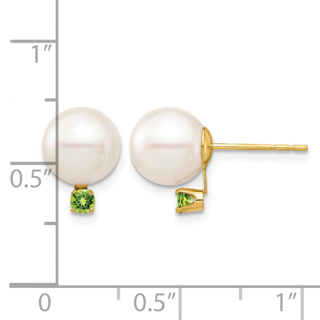 14k 8-8.5mm White Round Freshwater Cultured Pearl and .14PE Peridot Post Earrings