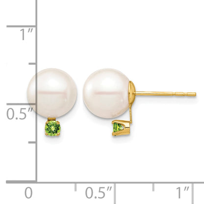 14k 8-8.5mm White Round Freshwater Cultured Pearl and .14PE Peridot Post Earrings
