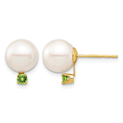 14k 8-8.5mm White Round Freshwater Cultured Pearl and .14PE Peridot Post Earrings