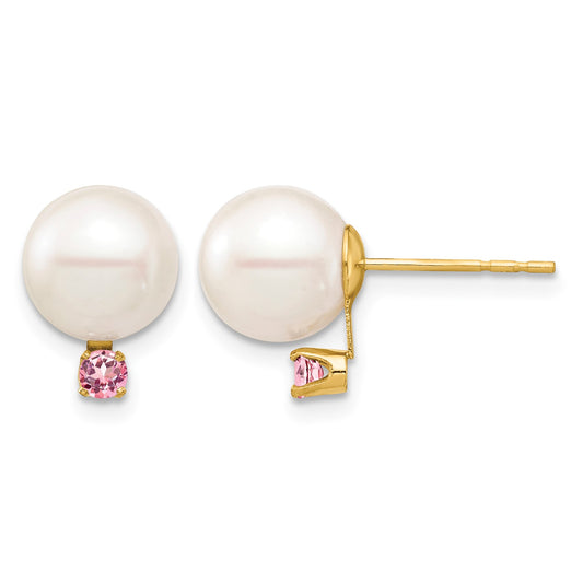 14k 8-8.5mm White Round Freshwater Cultured Pearl and .14PT Pink Topaz Post Earrings