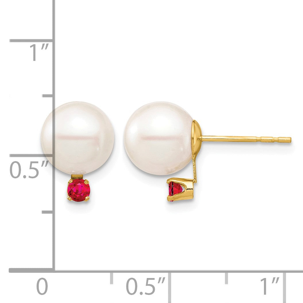 14k 8-8.5mm White Round Freshwater Cultured Pearl and .18RU Ruby Post Earrings