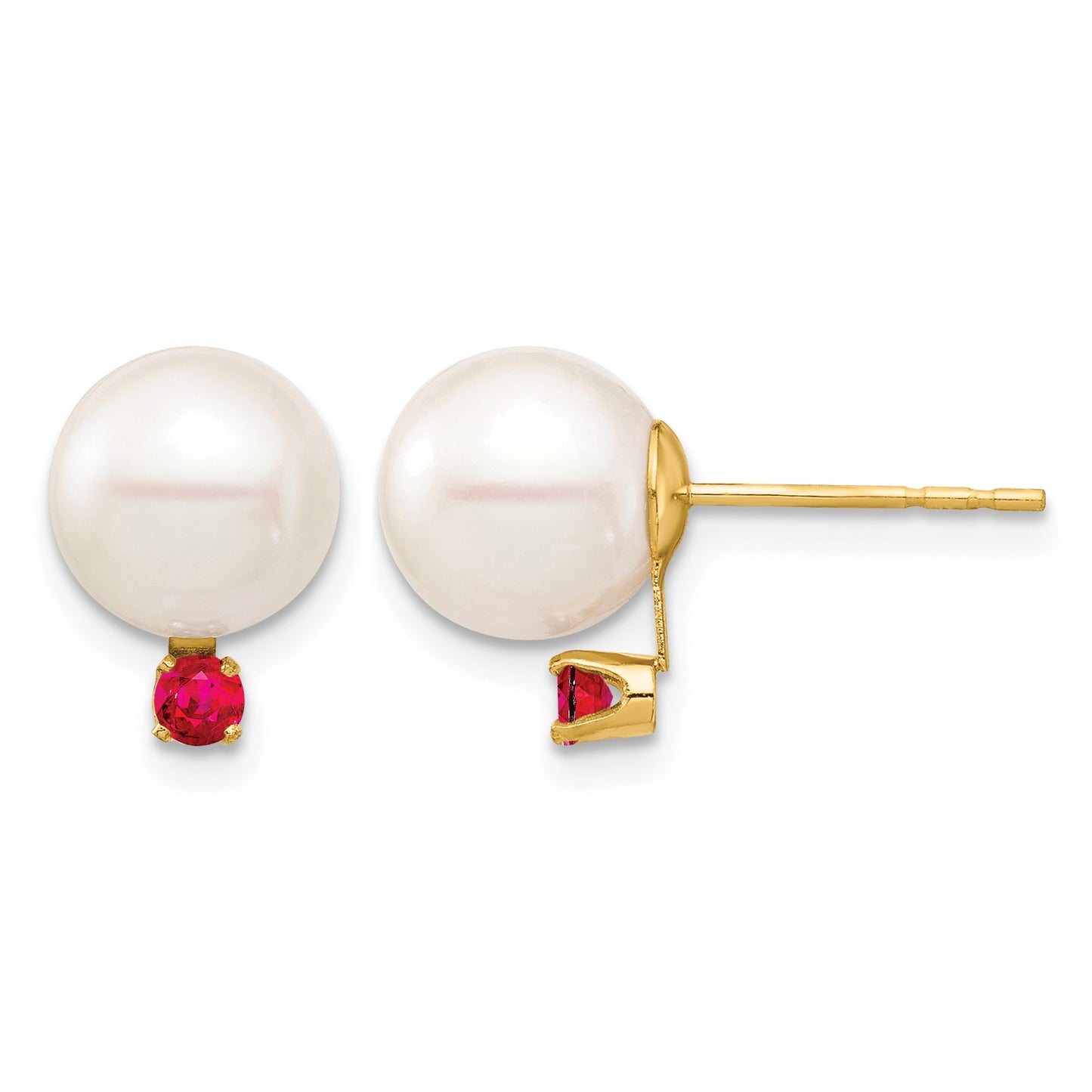14k 8-8.5mm White Round Freshwater Cultured Pearl and .18RU Ruby Post Earrings