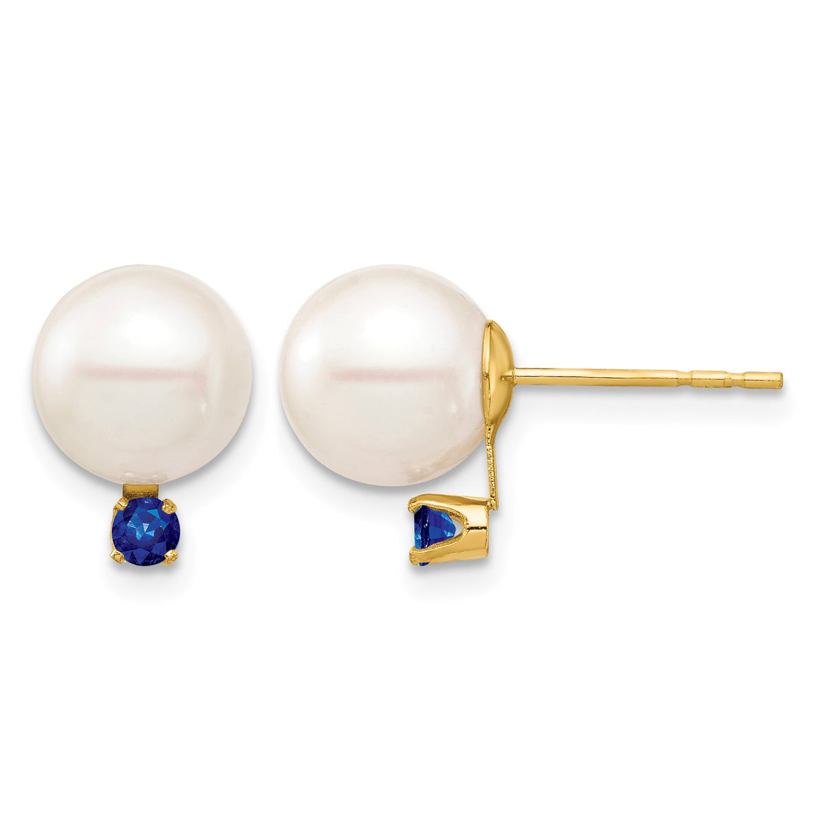 14k 8-8.5mm White Round Freshwater Cultured Pearl and .18SA Sapphire Post Earrings