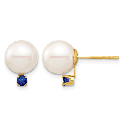 14k 8-8.5mm White Round Freshwater Cultured Pearl and .18SA Sapphire Post Earrings