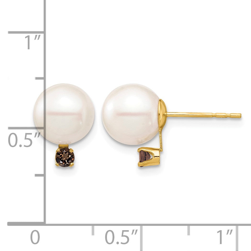 14k 8-8.5mm White Round Freshwater Cultured Pearl and .18SQ Smoky Quartz Post Earring