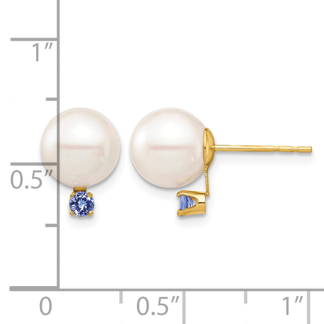14k 8-8.5mm White Round Freshwater Cultured Pearl and .14TZ Tanzanite Post Earrings