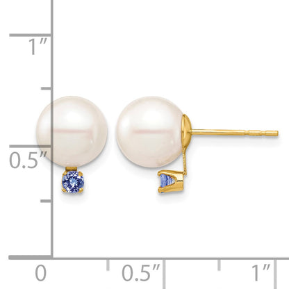 14k 8-8.5mm White Round Freshwater Cultured Pearl and .14TZ Tanzanite Post Earrings