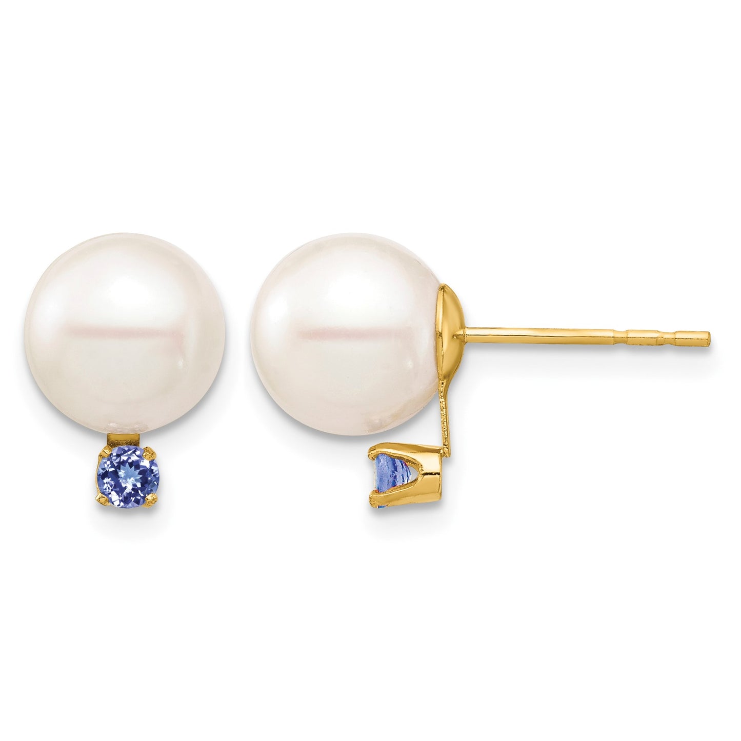 14k 8-8.5mm White Round Freshwater Cultured Pearl and .14TZ Tanzanite Post Earrings