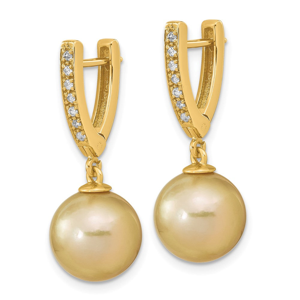 14k 10-11mm Round Golden South Sea Saltwater Cultured Pearl and .105 Carat Diamond Dangle Earrings