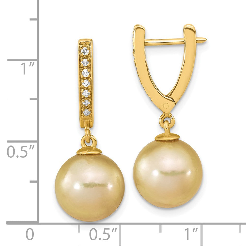 14k 10-11mm Round Golden South Sea Saltwater Cultured Pearl and .105 Carat Diamond Dangle Earrings