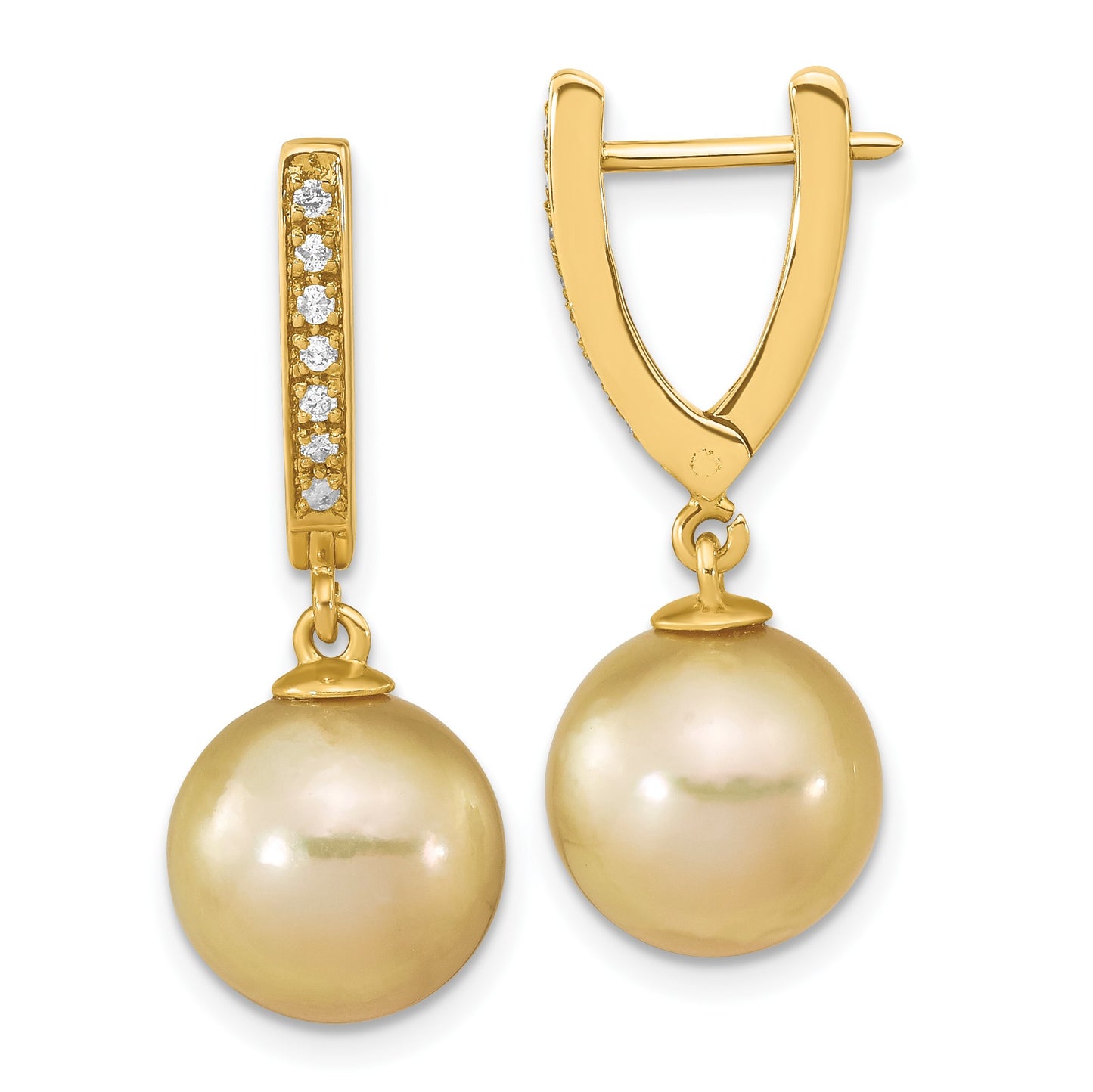 14k 10-11mm Round Golden South Sea Saltwater Cultured Pearl and .105 Carat Diamond Dangle Earrings