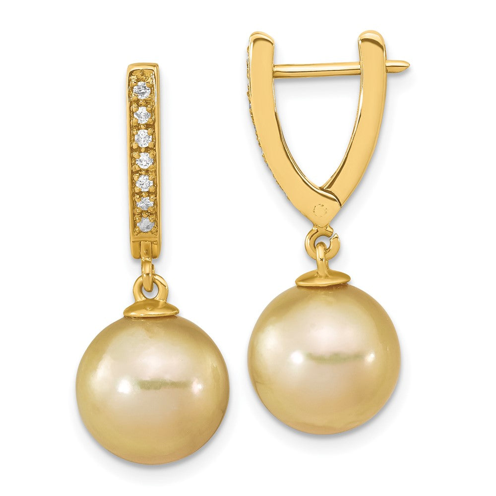 14k 10-11mm Round Golden South Sea Saltwater Cultured Pearl and .105 Carat Diamond Dangle Earrings