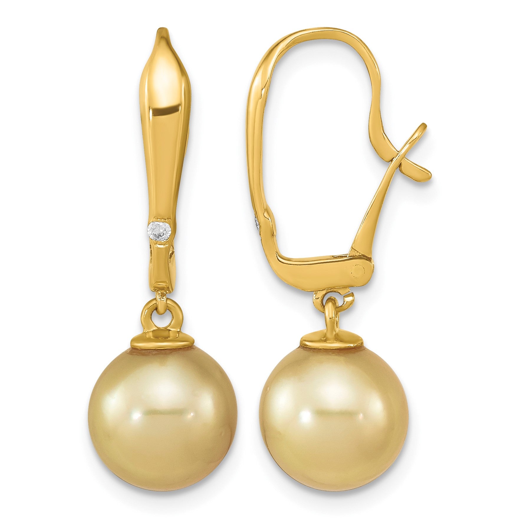 14k 9-10mm Round Golden South Sea Saltwater Cultured Pearl and .02 Carat Diamond Post Earrings