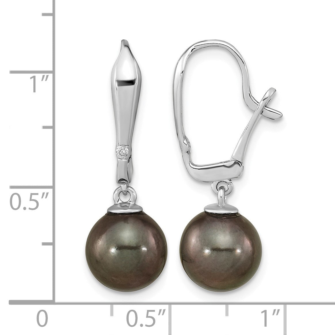 14k White Gold 9-10mm Black Round Tahitian Saltwater Cultured Pearl and .02 Carat Diamond Leverback Dangle Earrings