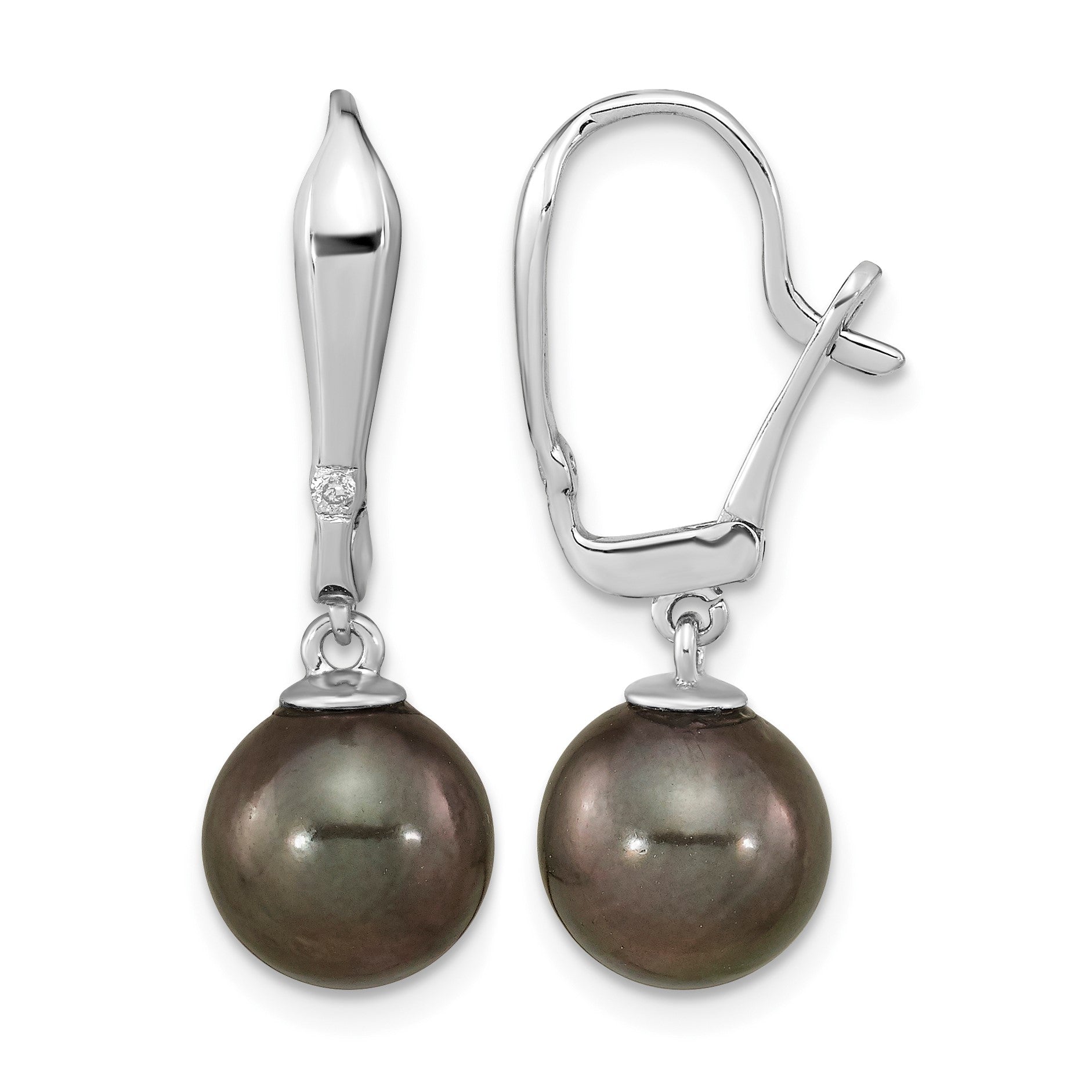 14k White Gold 9-10mm Black Round Tahitian Saltwater Cultured Pearl and .02 Carat Diamond Leverback Dangle Earrings