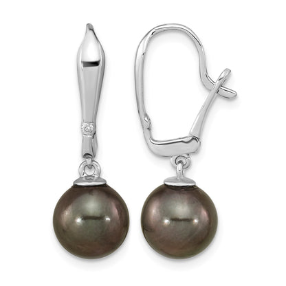 14k White Gold 9-10mm Black Round Tahitian Saltwater Cultured Pearl and .02 Carat Diamond Leverback Dangle Earrings