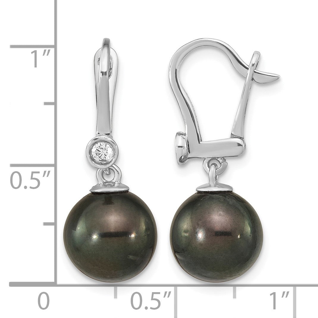 14k White Gold 9-10mm Black Round Tahitian Saltwater Cultured Pearl and .10 Carat Diamond Leverback Dangle Earrings