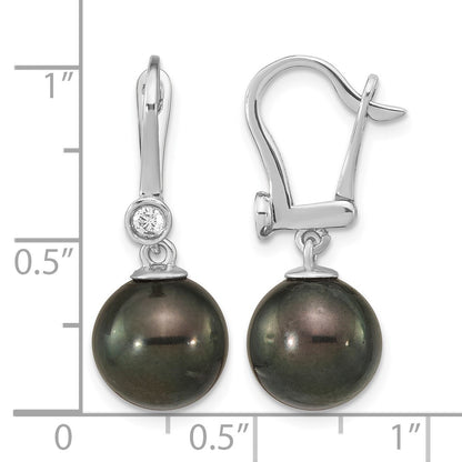 14k White Gold 9-10mm Black Round Tahitian Saltwater Cultured Pearl and .10 Carat Diamond Leverback Dangle Earrings