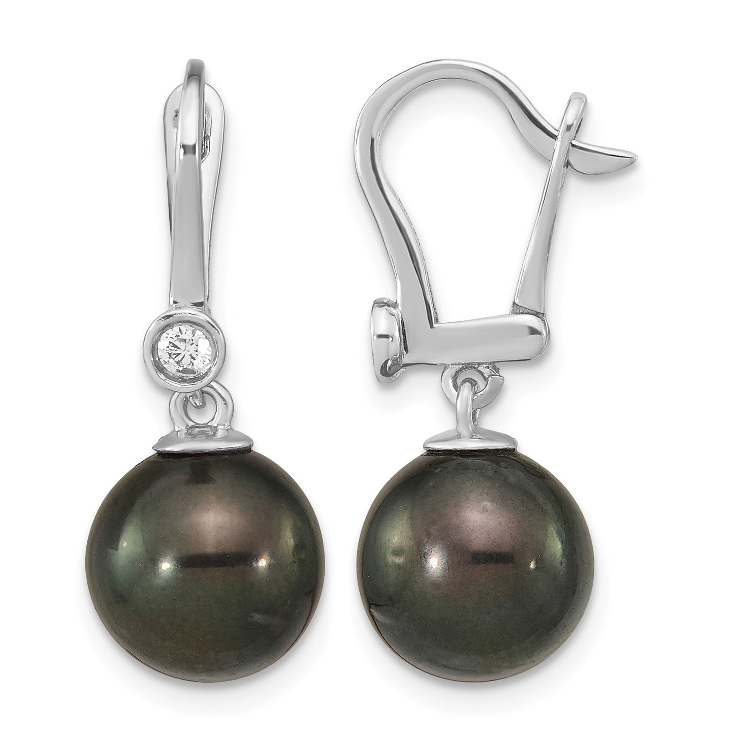 14k White Gold 9-10mm Black Round Tahitian Saltwater Cultured Pearl and .10 Carat Diamond Leverback Dangle Earrings