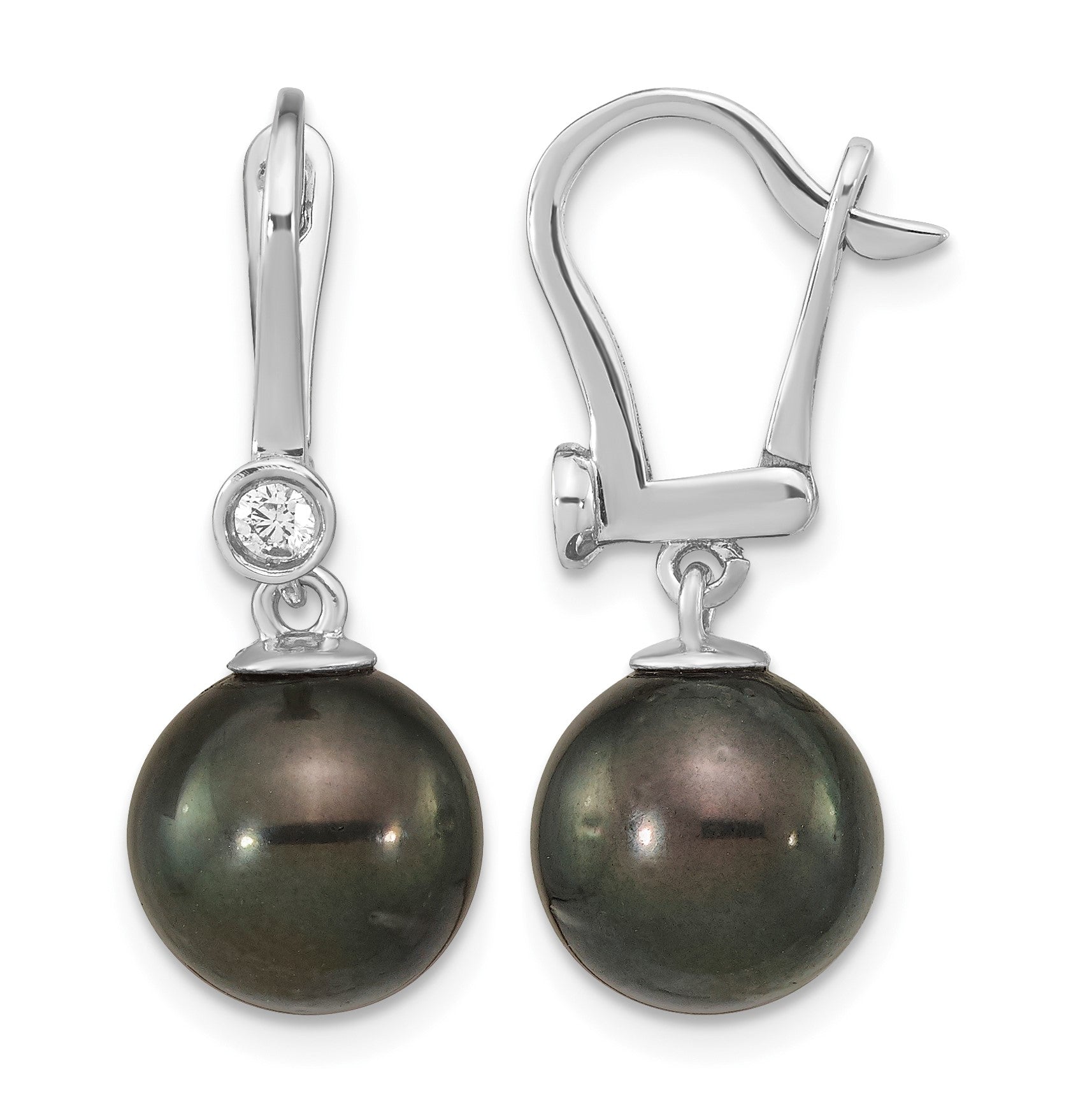 14k White Gold 9-10mm Black Round Tahitian Saltwater Cultured Pearl and .10 Carat Diamond Leverback Dangle Earrings