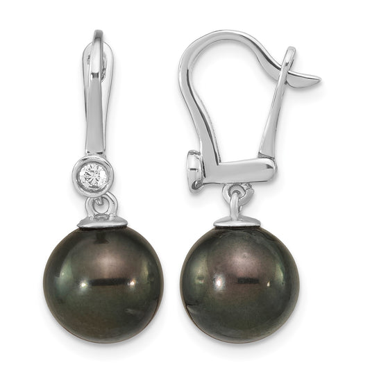14k White Gold 9-10mm Black Round Tahitian Saltwater Cultured Pearl and .10 Carat Diamond Leverback Dangle Earrings