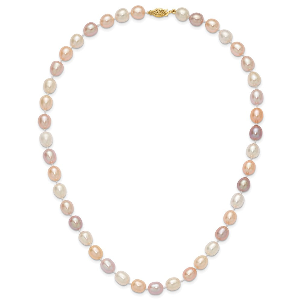 14k 8-9mm Pink, Purple and White Alternating Color Rice Freshwater Cultured Pearl 18 inch Necklace