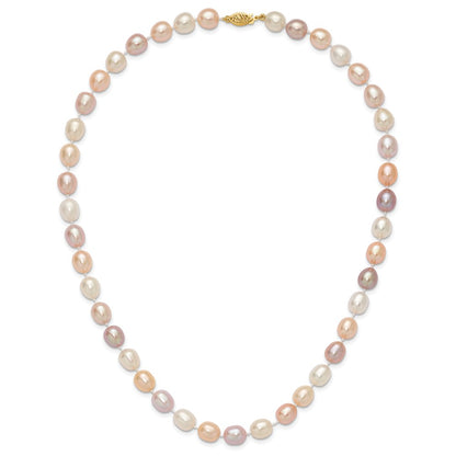 14k 8-9mm Pink, Purple and White Alternating Color Rice Freshwater Cultured Pearl 18 inch Necklace