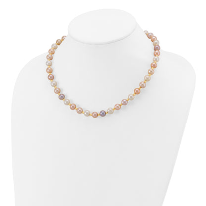 14k 8-9mm Pink/Purple/White Semi-Round Freshwater Cultured Pearl and Diamond-cut Beaded 18 inch Necklace