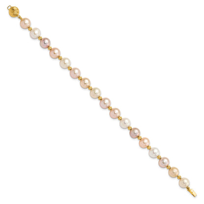 14k 8-9mm Pink/Purple/White Semi-Round Freshwater Cultured Pearl and Diamond-cut Beaded 7.5 inch Bracelet