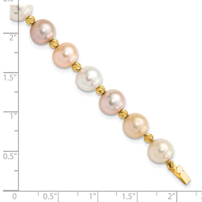 14k 8-9mm Pink/Purple/White Semi-Round Freshwater Cultured Pearl and Diamond-cut Beaded 7.5 inch Bracelet