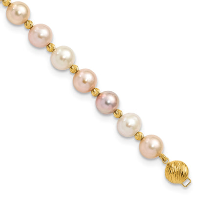 14k 8-9mm Pink/Purple/White Semi-Round Freshwater Cultured Pearl and Diamond-cut Beaded 7.5 inch Bracelet