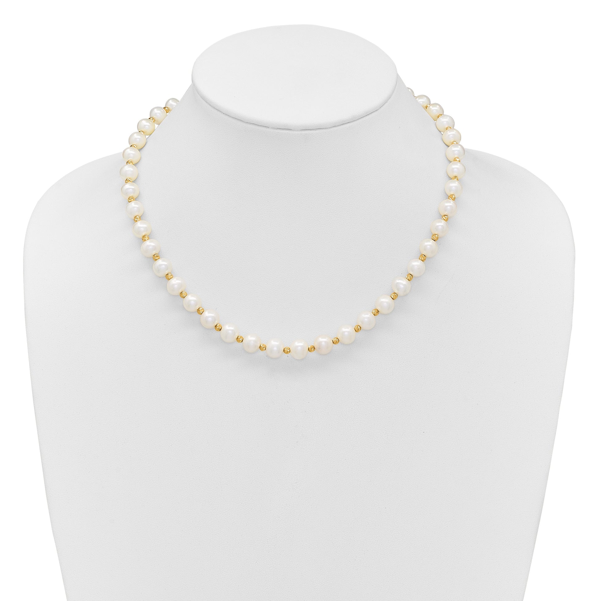 14k 8-9mm White Near-Round Freshwater Cultured Pearl and Diamond-cut Beaded 18 inch Necklace
