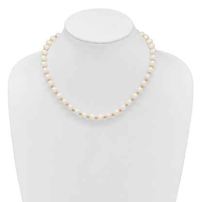 14k 8-9mm White Near-Round Freshwater Cultured Pearl and Diamond-cut Beaded 18 inch Necklace
