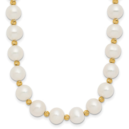 14k 8-9mm White Near-Round Freshwater Cultured Pearl and Diamond-cut Beaded 18 inch Necklace