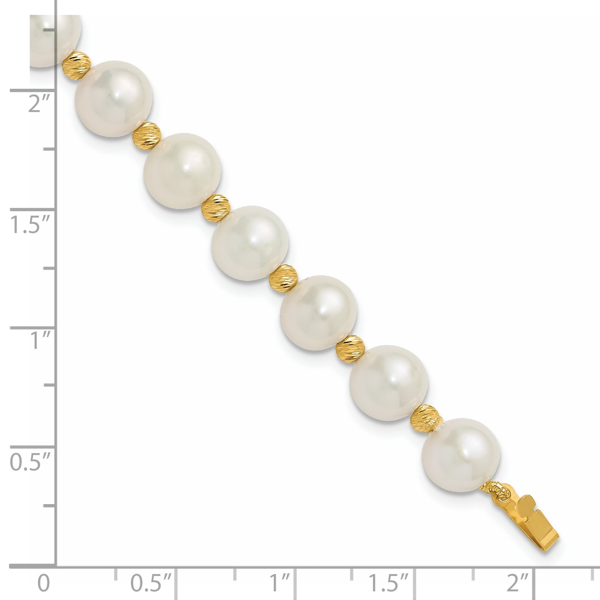 14k 8-9mm White Near-Round Freshwater Cultured Pearl and Diamond-cut Beaded 7.5 inch Bracelet