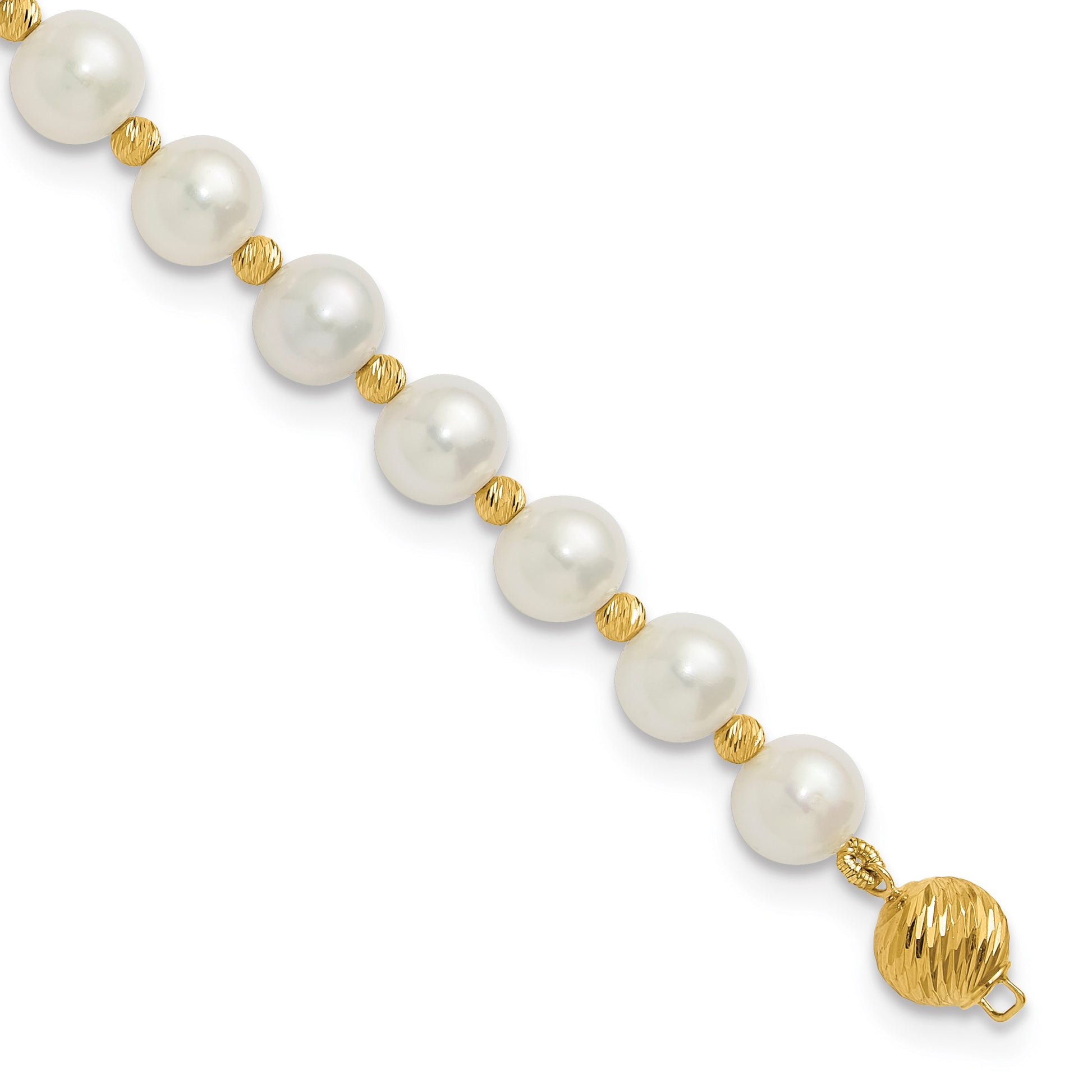 14k 8-9mm White Near-Round Freshwater Cultured Pearl and Diamond-cut Beaded 7.5 inch Bracelet