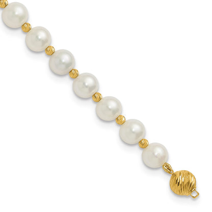 14k 8-9mm White Near-Round Freshwater Cultured Pearl and Diamond-cut Beaded 7.5 inch Bracelet