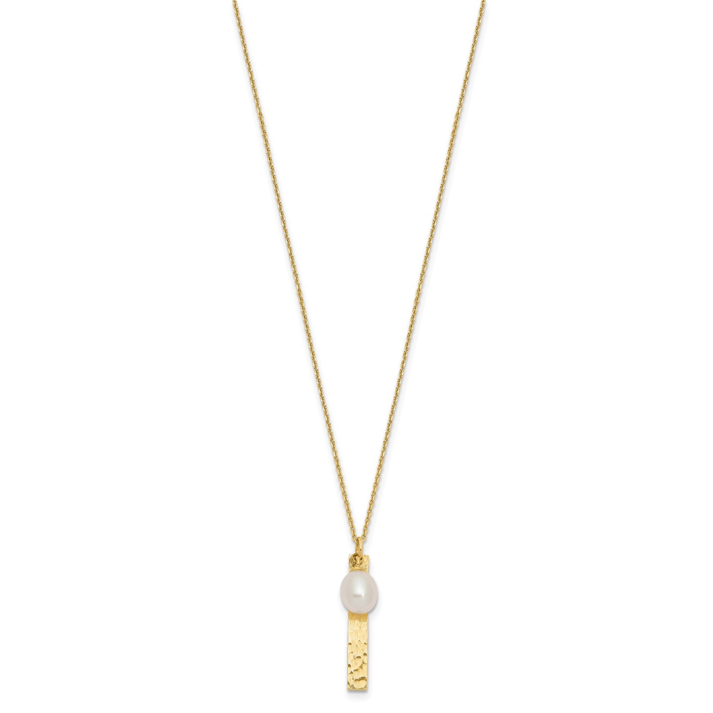 14k Brushed and Hammered 6-7mm White Rice Freshwater Cultured Pearl 17 inch Necklace