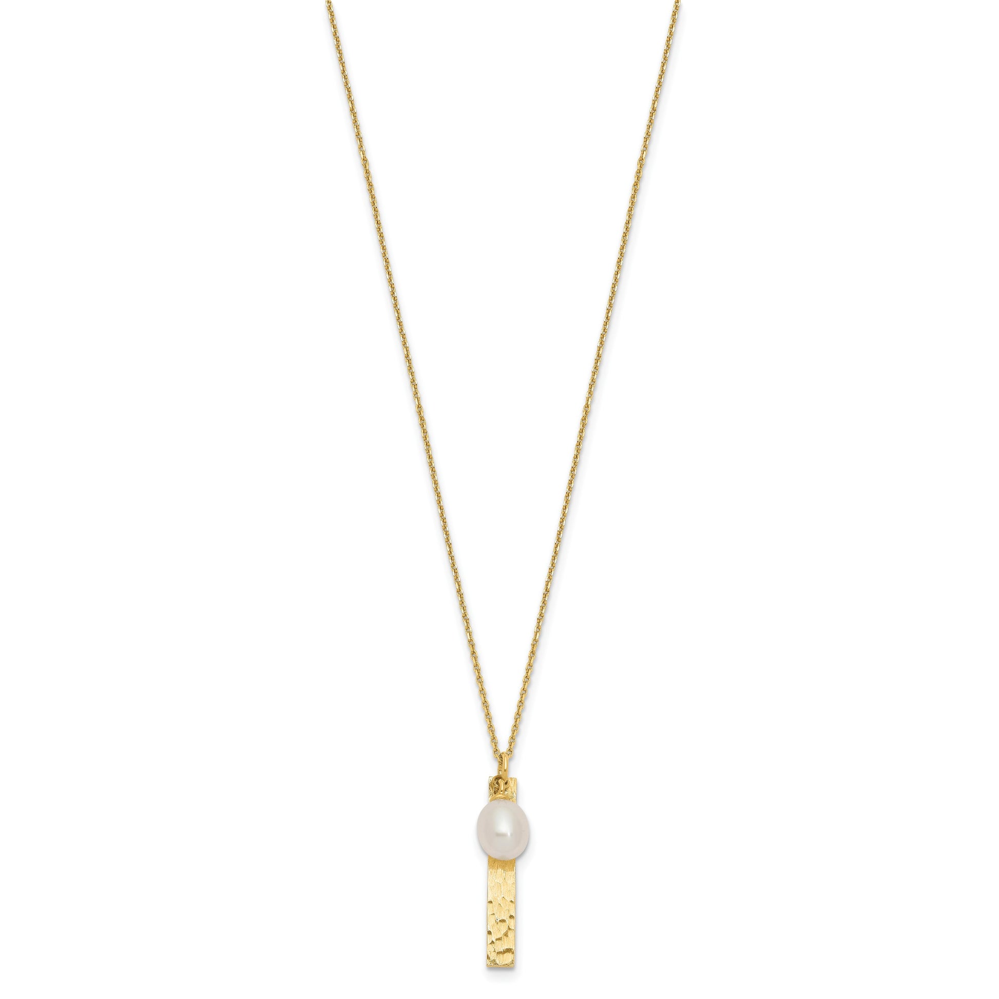 14k Brushed and Hammered 6-7mm White Rice Freshwater Cultured Pearl 17 inch Necklace